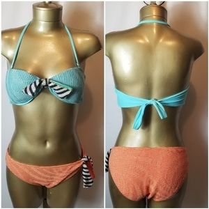 CECELIA PRADO DUE TWO PIECE ORANGE AND TURQUOISE BIKINI